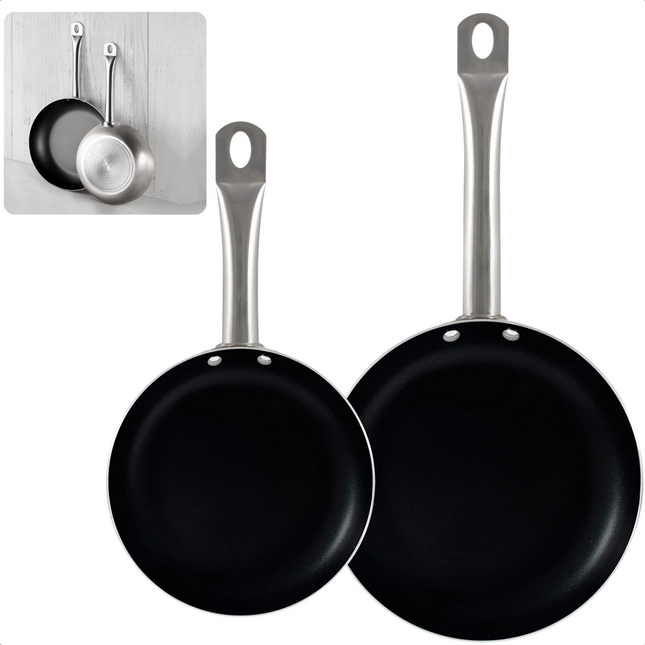 Cheqo aluminium non-stick frying pan set with stainless steel handles, suitable for induction cooking, hanging display included.