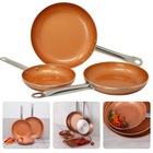 Cheqo® 3-delige Koperen Koekenpannen Set - Gesmeed Aluminium - Non-stick Coating - Alle Warmtebronnen - Inductie Geschikt - RVS Handgrepen - Koekenpan Set - Pannenset