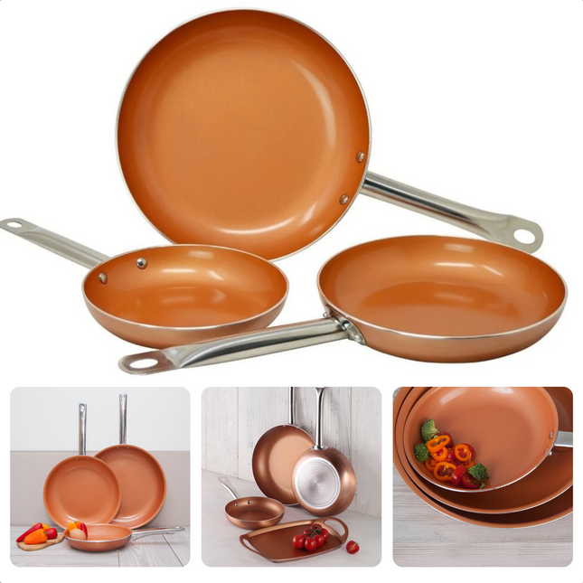 Cheqo® 3-delige Koperen Koekenpannen Set - Gesmeed Aluminium - Non-stick Coating - Alle Warmtebronnen - Inductie Geschikt - RVS Handgrepen - Koekenpan Set - Pannenset