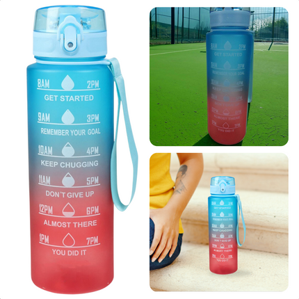 Cheqo® Motiverende Waterfles - Waterfles met Tijdmarkeringen - Motivatie Drinkfles - Waterfles met Rietje - 1 Liter