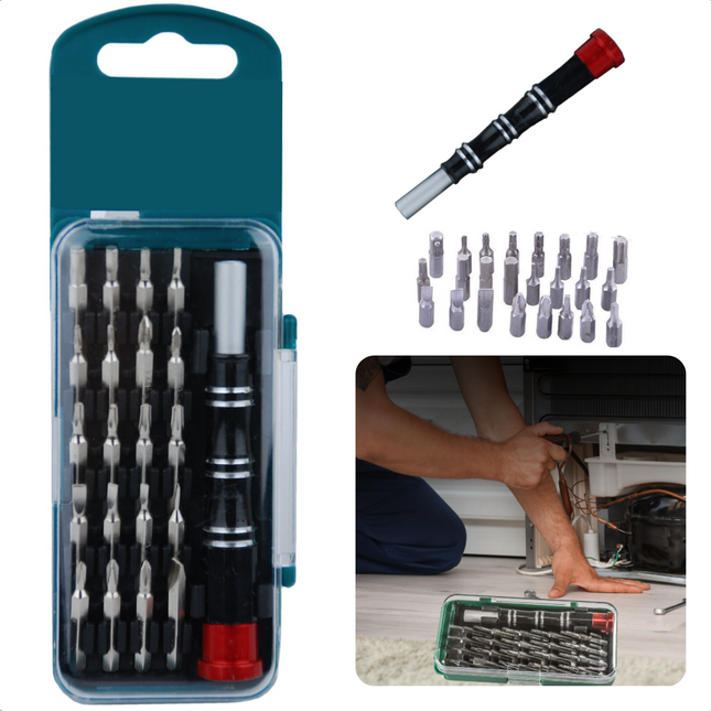 Cheqo® Precisie Bitset 21 delig - Professionele Kwaliteit - S2 Gereedschapstaal -  Voor de Professional - Sleuf, Kruiskop, Inbus, Torx - Handige Cassette met Zichtvenster - 28mm Precisiebits -  Gereedschapset Bit en Boren Sets