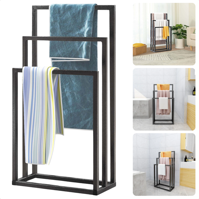 Stylish black metal freestanding towel rack with three arms, perfect for bathroom or kitchen organization.
