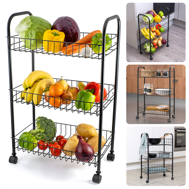 Stylish black Cheqo® kitchen trolley with metal frame and three wire baskets, filled with colorful fresh vegetables and fruits.