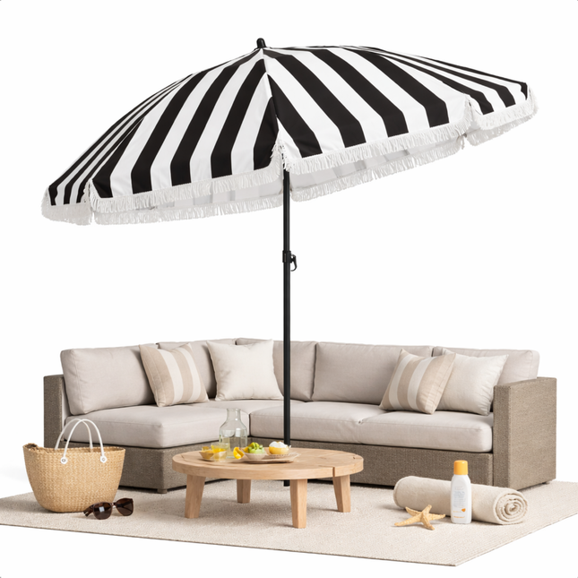 Cheqo® Parasol - Tuinparasol - Tuinparaplu - Strandparasol - Balkon Parasol - Camping Parasol - Gestreepte Parasol - Zwart Wit Parasol - Parasol Met Franjes - Parasol Met Draagtas - Kantelbare Parasol - Verstelbare Parasol - Parasol Uv Bescherming