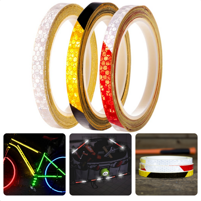 Cheqo® Markeringstape - Set van 3 stuks - Reflecterende PVC Tape voor Transport & Vervoer - Zichtbaarheidsverhogend - Eenvoudige Bevestiging - Weerbestendig - 8m x 1cm rollen in Zilver - Rood-Zilver en Zwart-Geel - Signalisatietape Singalisatietape