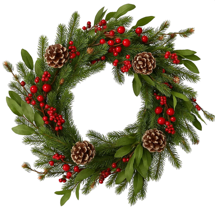 Cheqo® Kerstkrans Groen - Ø50 cm - Traditionele Kerstdecoratie - Rode Bessen - Bruine Dennenappels - Polyetheen Materiaal - Klassieke Kerstkleuren - Eenvoudige Ophanging - Kerstinterieur - Groene Dennentakken - Deurkrans