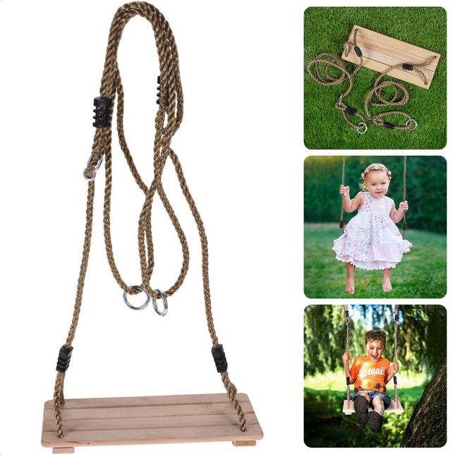 Cheqo® Houten Buitenschommel voor Kinderen - Schommelplankje - Schommelzitje - Schommel - 40x16 cm - Speelgoed Schommel met Touwen - Met Metalen Ringen - 210cm Touwlengte