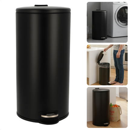 Cheqo® Pedaalemmer 30L – Mat Zwarte Prullenbak – 30 Liter Afvalemmer – Pedaalbediening – Anti-Slip Bodem – Uitneembare Binnenemmer – Keuken Afvalbak – Bijkeuken Prullenbak – Huishoudelijk Gebruik – Mat Zwart Design – Ruime Pedaalemmer