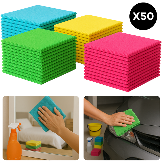 Cheqo® Microvezeldoeken 30x30 cm - Schoonmaakdoekjes - Wasbaar Op 60 Graden - Zonder Reinigingsmiddel - Nat Of Droog Te Gebruiken - Verschillende Kleuren - Set Van 50 Stuks Microvezel Doeken