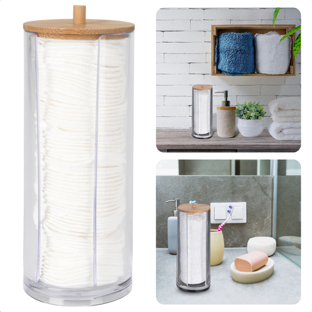 Cheqo® Wattenschijfjeshouder - Wattenschijfjes Houder - Bamboe Deksel - Transparant - Badkamer Organizer