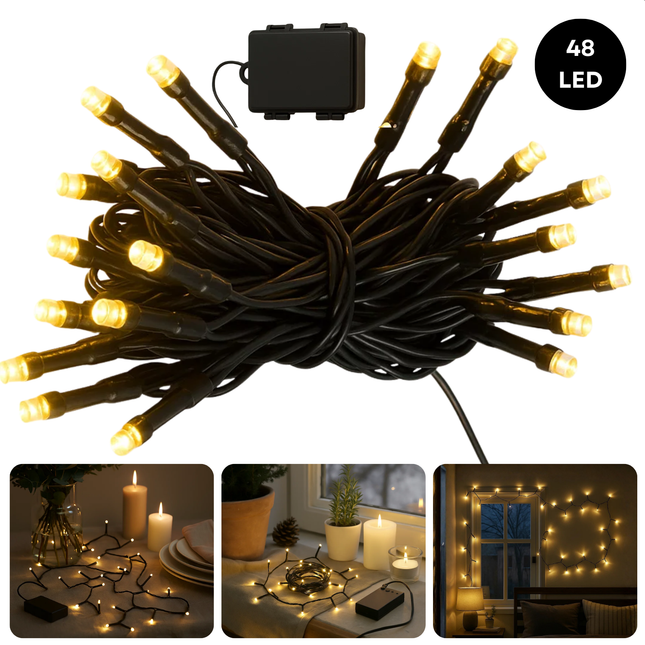 Cheqo® Kerstverlichting op Batterij - Kerstlampjes - Warm Wit Licht - Kerstboomverlichting op Batterijen - 48 Leds - Binnen En Buiten - Met Timer - 8-Functies - IP44 - 4 Meter - Kerst Lampjes