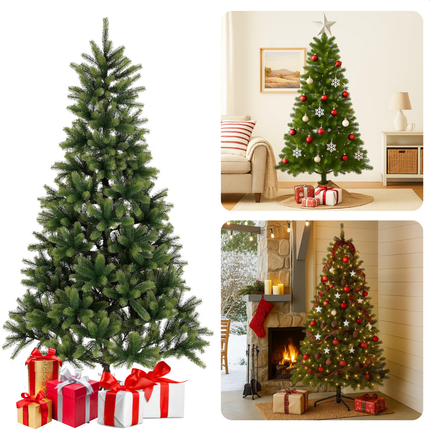 Cheqo® Kunstkerstboom - Groene Kerstboom - PE Naalden - Luxe Uitstraling - Realistische Naalden - Scharnierconstructie - Snel Op Te Zetten - Kerstboom 210 CM - Voorgevormde Takken - Kerstdecoratie - Duurzame Kerstboom - 1448 Takken