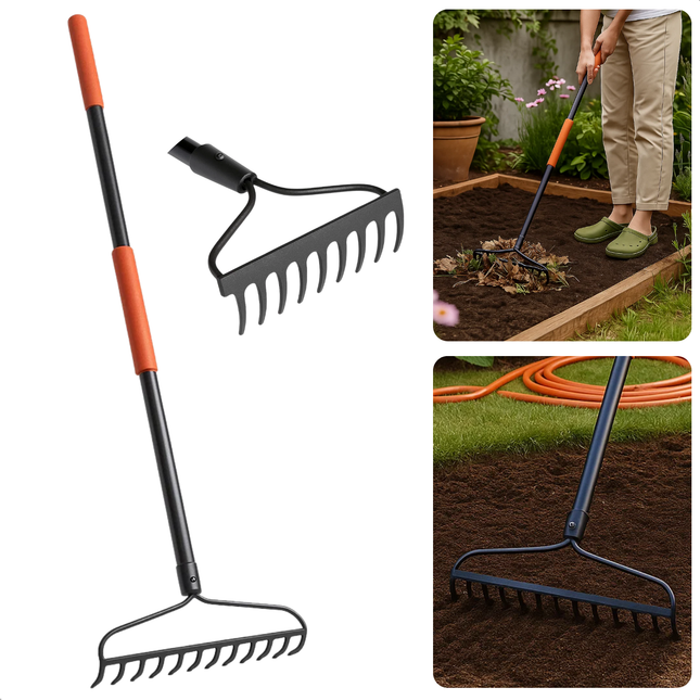 Cheqo® Egalisatie Hark - Glasvezel Steel - Koolstofstalen Kop - Tuin Egaliseren - Zen Garden Creëren - Tuinonderhoud Gereedschap - Gazon Egaliseren - Robuust Tuingereedschap - Grond Bewerken - Stevige en Flexibele Steel - Bodemnivellering