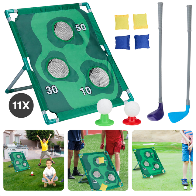 Cheqo® 2-in-1 Kinderspel Golf & Cornhole Set - Educatief Buitenspeelgoed - Werpspel - Inclusief Doelen en Clubs - Beanbag Game