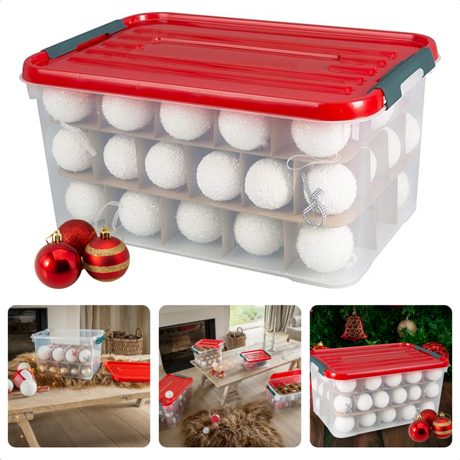 Cheqo® Kerst Opbergbox 50L - Kerstballen Opbergbox - Bewaarbox - Rood Deksel - Transparant Kunststof - Met Tussenkarton