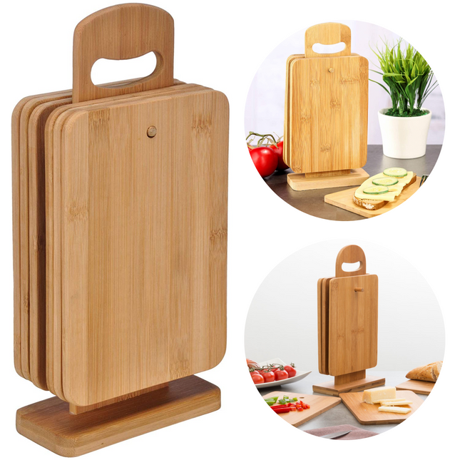 Cheqo® Snijplanken Op Standaard 7 Delig - Bamboe Snijplank Set - Milieuvriendelijke Snijplanken - Inclusief Standaard - 6 Snijplanken - 22x15cm - 15x7xH34cm - Hakblok - Vleesplank - Borrelplank - Staand Model - Serveerplank - Duurzaam Snijplanken