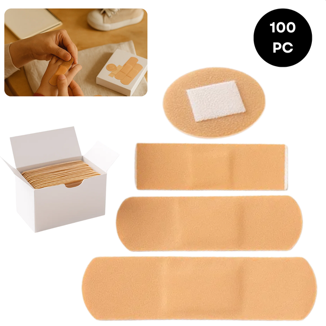 Cheqo® Pleisters 100 Stuks - Wondpleisters - Pleisters 4 Maten - Pleisters Voor Wondverzorging - Pleisters Voor Dagelijks Gebruik - Pleisters Voor Kleine Wonden - Pleisters Voor Eerste Hulp - Pleisters Voor Thuisgebruik - Pleisters Voor Ehbo