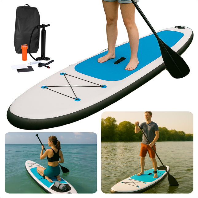 Cheqo® Opblaasbaar SUP Board Set - Supboard - Sup Pakket - Paddle Board - Anti-slip - Complete Set met Accessoires - Blauw/Wit - PVC Constructie