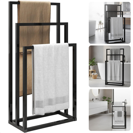 Cheqo® Vrijstaand Handdoekrek - Handdoekenrek Badkamer - Metaal Handdoekrek - Mat Zwart - 3 Niveaus - Anti-Kras Viltdopjes - Industrieel Design - Handdoekrek Zonder Boren