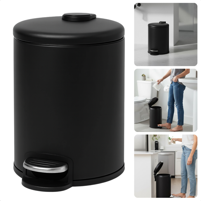 Cheqo® Pedaalemmer 3 Liter - Mat Zwarte Prullenbak - Anti-Slip Bodem - Uitneembare Binnenemmer - Metalen Pedaalemmer - Kunststof Elementen - Badkamer Prullenbak - Toilet Afvalemmer - Compacte Pedaalemmer - Hygiënische Afvaloplossing