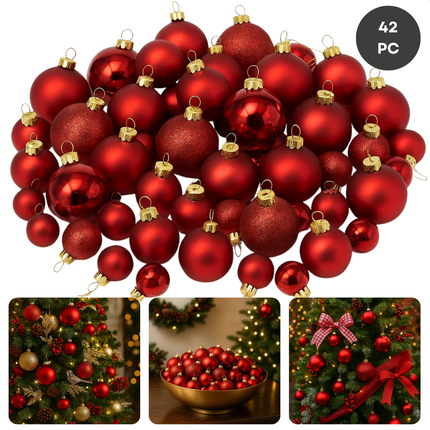 Cheqo® Kerstballen Set - 42 Stuks - Ø7 cm - Rode Kerstballen - Glazen Kerstballen - Kerstboom Decoratie - Matte Kerstballen - Glimmende Kerstballen - Glitter Kerstballen - Trendy En Modern - Warme Uitstraling - Kerstbal Set Rood