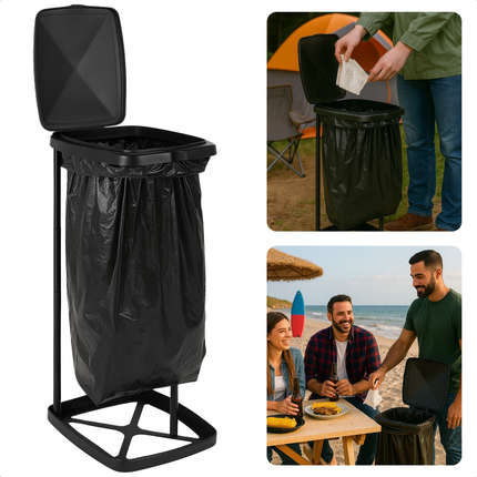 Cheqo® Camping Vuilniszakhouder 60L – Opvouwbare Vuilniszak Houder met Deksel – Lichtgewicht & Stevig – Kunststof en Metaal – Vuilniszakhouder voor Buiten, Tuin, Festivals & Kamperen – Inklapbare Afvalzakhouder Zwart
