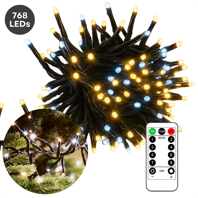Cheqo® Kerstverlichting - Kerstlampjes - Kerstboomverlichting  - 768 LED - Twotone Verlichting - Warm Wit + Wit - Verlichte Lengte 990 CM - 8 Lichtfuncties - Automatische Timer - Binnen en Buiten - IP44 Adapter - Cluster Kerstverlichting