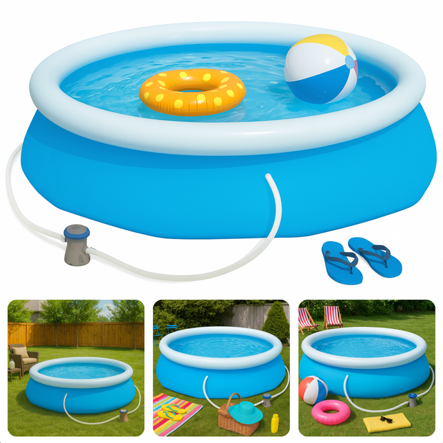 Cheqo® Opblaasbaar Zwembad met Pomp – Zwembad Set – Ronde Familiezwembad – UV- & Chloorbestendig – Blauw – Zwembad voor Tuin – Eenvoudige Installatie – Met Filter & Reparatiepatch