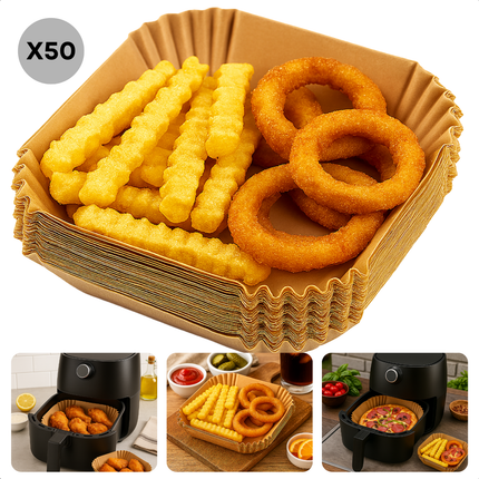 Cheqo® Airfryer Bakpapier - Airfryer Accessoires - Wegwerpbakjes - Vierkant Bakpapier - 20x20 cm - Geschikt Voor Airfryer - 50 Stuks - Luchtfriteuse Bakpapier