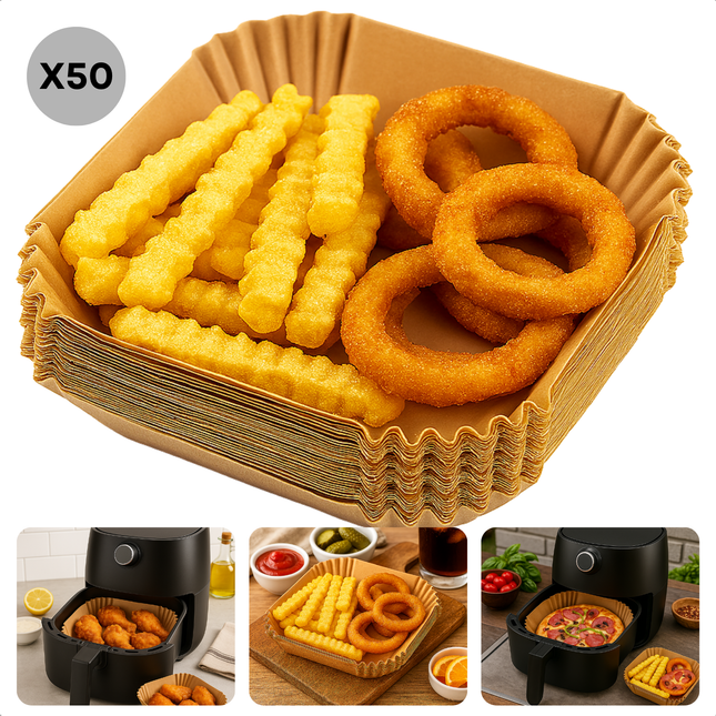Cheqo® Airfryer Bakpapier - Airfryer Accessoires - Wegwerpbakjes - Vierkant Bakpapier - 20x20 cm - Geschikt Voor Airfryer - 50 Stuks - Luchtfriteuse Bakpapier