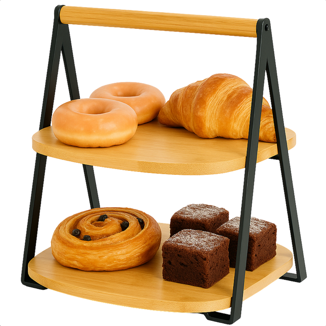 Cheqo® Bamboe Etagere - 2-Laags Etagere - Inklapbare Etagere - Serveertoren Bamboe - Bamboe En Metaal - 30 cm Hoogte - Eenvoudig Inklapbaar - Niet Vaatwasserbestendig - Bamboe Serveerplateau - 2 Lagen - Bamboe Hout - Stijlvolle Etagere
