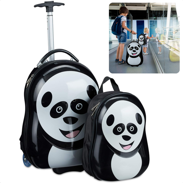 Cheqo® Kindertrolley en Rugzak Set - Kinder Koffer - Handbagage voor Kinderen - Panda - Handbagage Koffer ABS