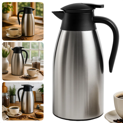 Cheqo® Thermoskan 2 Liter - RVS Thermoskan - Dubbelwandige Thermoskan - Lekvrije Thermoskan - Isolerende Kan - Warme en Koude Dranken - Thermoskan met Handgreep - 1-Hand Bediening - Roestvrij Staal - Thermoskan voor Koffie