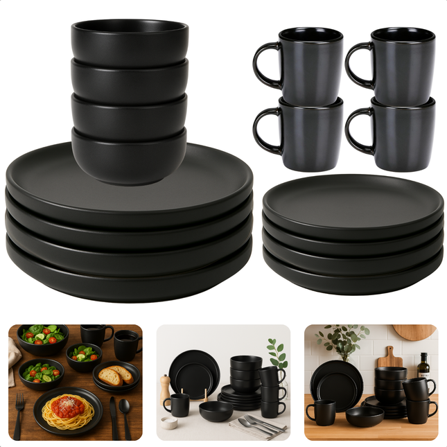 Cheqo® Serviesset 4 Persoons - Dinnerset - Dinerset - Servies Set - Bordenset met Ontbijtborden - Dinerborden - Kommen - Mokken - 16-delig - Elegant Zwart - Voor 4 Personen