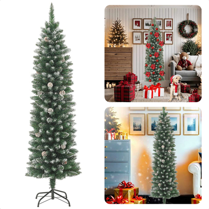 Cheqo® Kunstkerstboom Smal - Smalle Kerstboom - 180 cm - Realistisch PVC - Inclusief Standaard en Sneeuwdecoratie