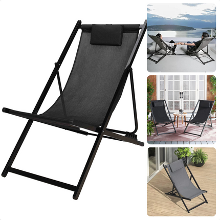 Cheqo® Luxe Ligstoel - Zwart-Grijs - Inklapbaar en Verstelbaar - Tuinligstoel met Hoofdsteun - Draagbaar - 101x61x91 cm - 3.8 KG - Voor Thuis en Onderweg - Campingstoel - Tuinstoel - Loungestoel -  Verstelbare Rugsteun Ligbedden