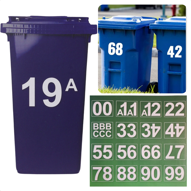 Cheqo® Container Stickers Huisnummer - Vuilniscontainer Nummer - Kliko Stickers - Containerstickers - Afvalbak Stickervellen - Weerbestendige Cijfers - Set van 16 - Letters en Cijfers