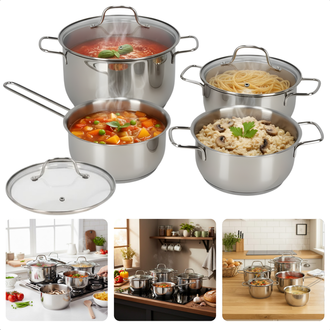 Cheqo® 7-Delige Pannenset – Roestvrij Staal – Glazen Deksel – Complete Kookgerei Set – Pannen Set - Kookpan Set – Hittebestendig Glas – Kookpannen – Veelzijdige Pannenset