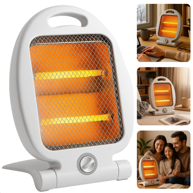 Cheqo® Elektrische Kachel - Quartz Heater - 800W Vermogen - Draagbare Verwarming - Compacte Kachel - Bijverwarming - 2 Warmtestanden - Kantelbeveiliging - Directe Warmte - Kwartsverwarming - Draaggreep - Straalkachel - Incidenteel Gebruik
