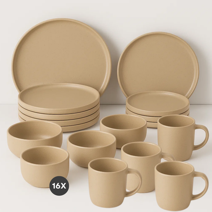 Cheqo® Serviesset 16-delig Aardewerk – Stijlvolle Bordenset 4 Persoons – Ontbijtborden & Dinerborden – Kommen & Mokken – Magnetronbestendig – Vaatwasserbestendig – Elegante Zand Kleur – Duurzame Kwaliteit
