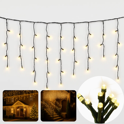 Cheqo® Ijspegel Verlichting - Lichtgordijn - Kerstverlichting Buiten - Kerstverlichting Binnen - 180 LED - Warm Wit - 6 Meter - 8 Lichtfuncties - IP44 Adapter - Geschikt Voor Buiten - Groen Snoer - 3 Meter Aansluitsnoer - LED Lampjes