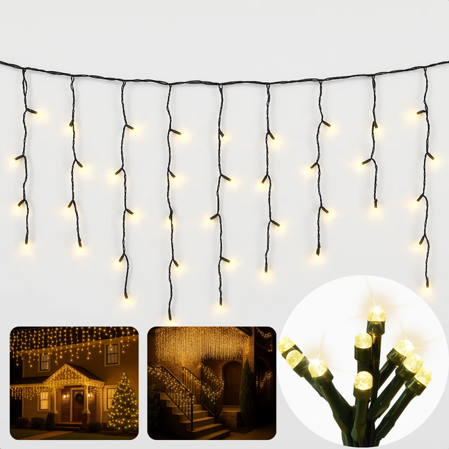 Cheqo® Ijspegel Verlichting - Lichtgordijn - Kerstverlichting Buiten - Kerstverlichting Binnen - 180 LED - Warm Wit - 6 Meter - 8 Lichtfuncties - IP44 Adapter - Geschikt Voor Buiten - Groen Snoer - 3 Meter Aansluitsnoer - LED Lampjes
