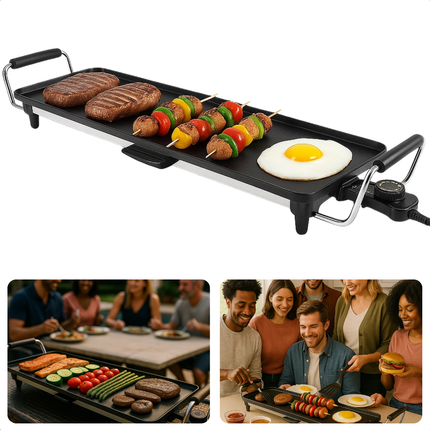 Cheqo® Teppanyaki Grillplaat - XL Bakplaat - 1800W Vermogen - Tafelgrill - Instelbare Thermostaat - Social Dining - Elektrisch Koken - Gemakkelijk Te Reinigen - Met Vet Lekbakje - Handvatten - Gourmet Grillplaat - Grote Grilloppervlak