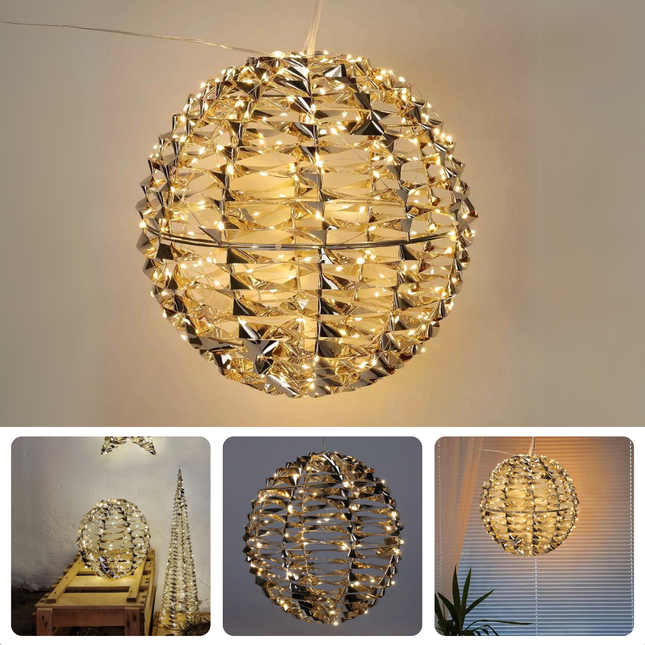 Cheqo® Verlichte Bal - Lichtbal - Lichtbol - Kerstversiering - Sfeerverlichting Binnen - Kerstverlichting - Kerstbal Verlicht - Kerstdecoratie Goud - 25 cm - Warm Witte LED - Metalen Decoratie