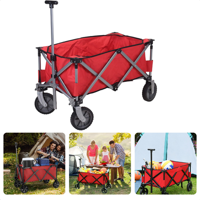 Cheqo® Robuuste Bolderkar - Opvouwbaar en Uitklapbaar - Hoge Draagcapaciteit - Voor Boodschappen & Vervoer - 90x49x58 cm - Rood - Stevig Frame - 70 KG Draagkracht - Bolderwagen - Boodschappentrolley - Draaibare Wielen Bolderkarren