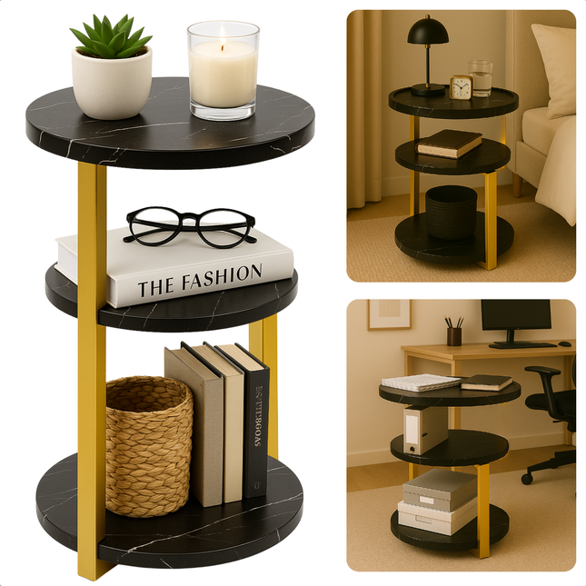 Cheqo® Moderne Bijzettafel - Bijzet Tafel Zwart Goud - Goudkleurig Metalen Frame - MDF Plateau - Zwart Gemarmerd - Ronde Bijzettafel - Stijlvolle Bijzettafel - Bijzettafel Woonkamer - Luxe Design - Moderne Uitstraling - Compacte Bijzettafel