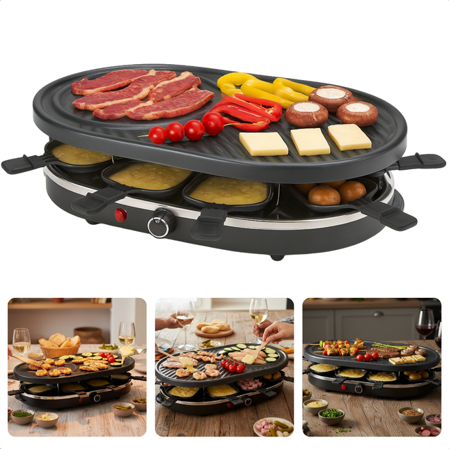 Cheqo® Raclette Grill 8 Personen - Compacte Raclette Grill - Stalen Grillplaat - Antiaanbaklaag - PFAS-Vrij - Gourmet - Gourmetten - Anti-Slip Voetjes - Houten Spatels - Eenvoudig Te Reinigen