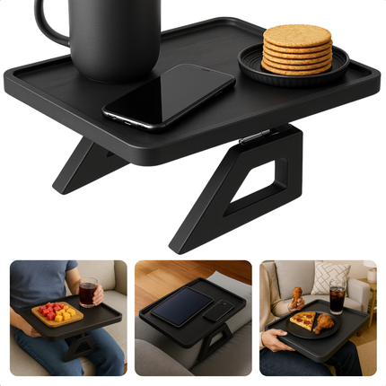 Cheqo® Armleuning Dienblad - Zwart Bamboe - Antislip Functie - Sofa Dienblad - Banktafel Dienblad - Opvouwbaar Dienblad - Bamboe Materiaal - Zwart Kleur - Bank Armleuning - Armleuning Tafel