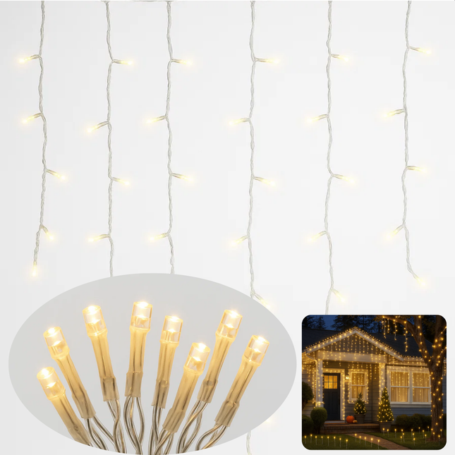 Cheqo® Ijspegel Verlichting - Kerstverlichting Buiten en Binnen - Ijspegelverlichting Warm Wit - 360 LED - 12 Meter - Lichtfuncties - Automatische Timer - Transparant Snoer - Lichtgordijn - IP44 Adapter - Geschikt voor Binnen en Buiten
