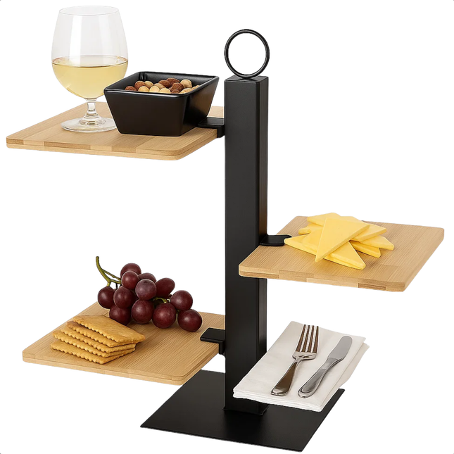 Cheqo® Etagère Metaal Bamboe - 3 Laags Etagère - Serveertoren Bamboe - High Tea Etagère - Stijlvolle Serveertoren - Sausbakje Inbegrepen - Etagère Voor Hapjes - Etagère Voor Borrel - Serveertoren - 3 Lagen